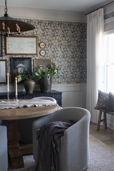 Dining room inspo, wallpaper, gallery wall, linen dining chairs, pinch pleat curtains 

#LTKhome #LTKstyletip