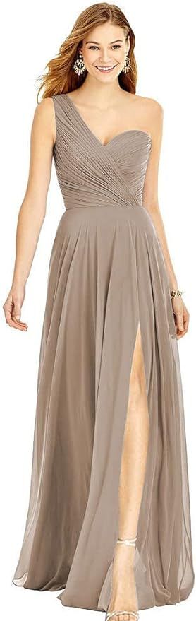 XYAYE One Shoulder Chiffon Bridesmaid Dresses with Slit Maxi Long Formal Dresses for Women Party ... | Amazon (US)