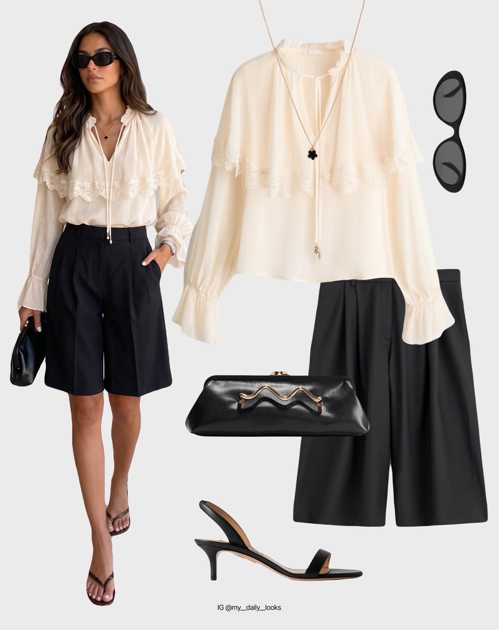 Summer blouse outfit 🖤

Tags: summer outfits, summer blouses, embroidery, satin blouse, crochet blouse, white blouse, office look, capsule wardrobe, high street.