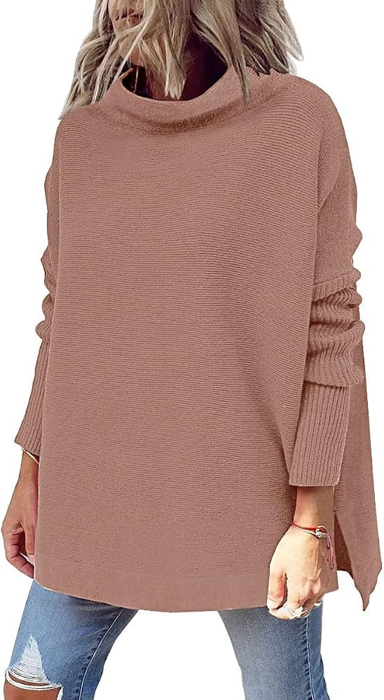 LILLUSORY Women's Mock Turtleneck Casual Oversized Sweater Long Batwing Sleeve Split Hem Ribbed Knit | Amazon (US)