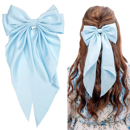 JOYOYO Hair Clip, 1Pcs Silky Satin Large Hair Bow Ribbon Clips for Women and Girls, Giant Long Bow Hair Clips Ponytail Holder Silk Big Hair Clips Accessories, Blue | Amazon (US)