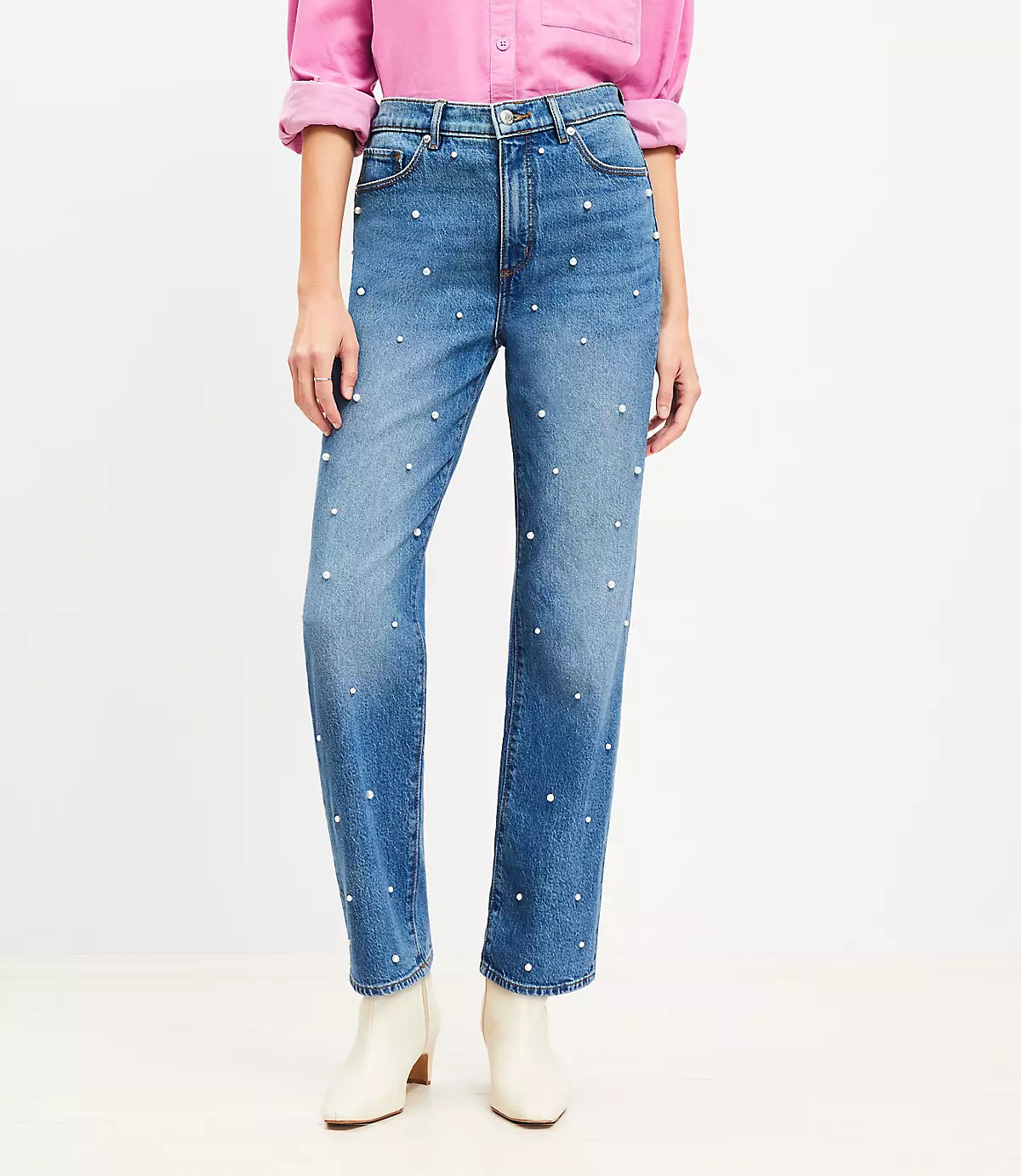 Pearlized High Rise Straight Jeans in Authentic Vintage Mid Wash | LOFT