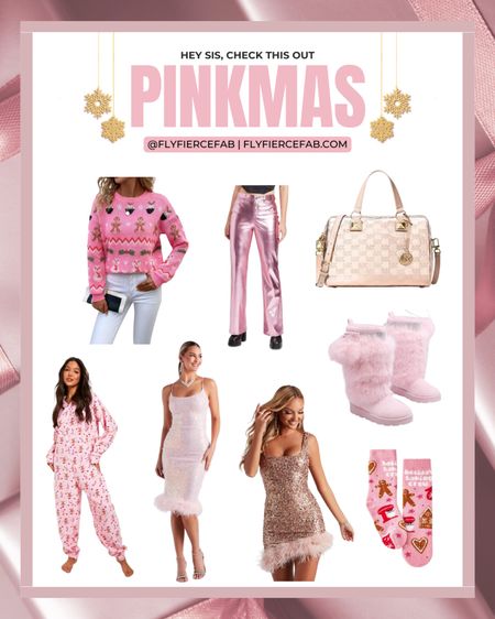 It’s beginning to look a lot like Pinkmas! Here is a Christmas gift guide (or wishlist ideas 😉) for the pink lover in your life 🎄🎁✨.  A lot of these items are on sale for Black Friday & Cyber Monday! 🤑

Price Range: $3-$300. 

🎄 Pink Christmas Sweater
🎄 Pink Metallic Pants
🎄 Rose Gold Michael Kors Satchel Bag
🎄 Pink Christmas Onsie
🎄 Pink Feather Trim Midi Dress
🎄 Pink Feather Trim Mini Dress
🎄 Pink Gingerbread Men Christmas Socks 

#LTKGiftGuide #LTKHoliday #LTKCyberWeek
