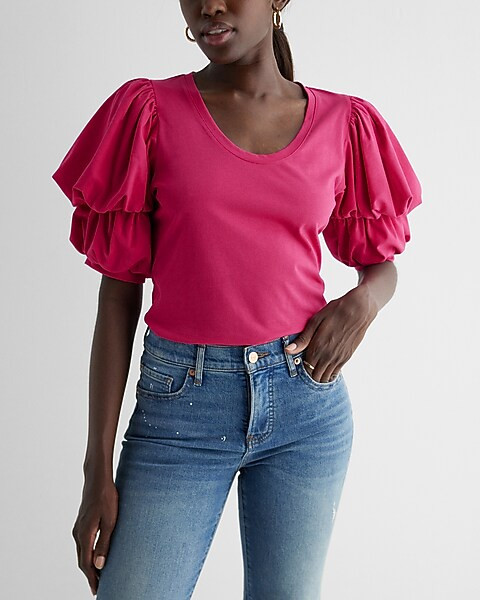 Skimming Scoop Neck Puff Sleeve Tee | Express