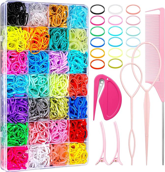 28 Colored Rubber Bands for Hair, 1500 Pcs Small Girls Elastic Ties With 6 Styling Tools - Colorf... | Amazon (US)
