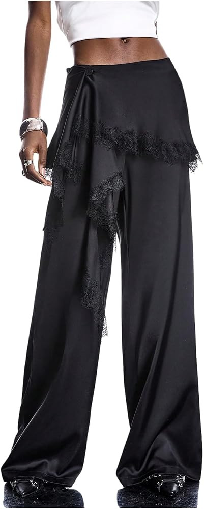 GORGLITTER Women's Satin Pants Low Rise Skirt Lace Trim Asymmetrical Hem Wide Leg Baggy Work Dres... | Amazon (US)
