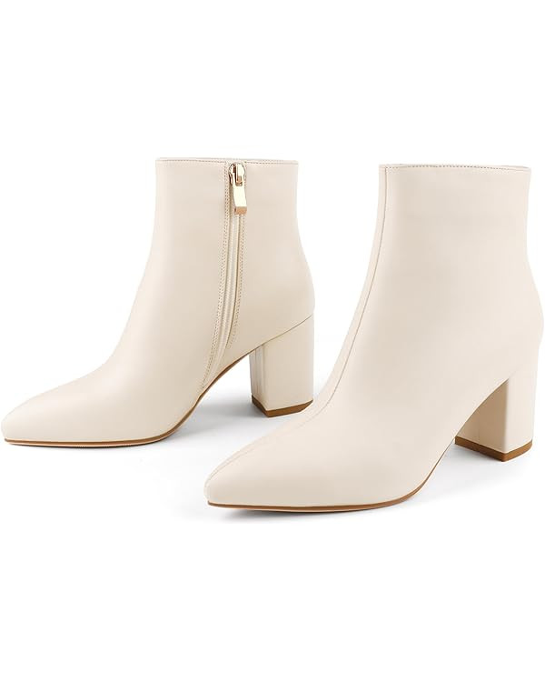 JOY IN LOVE Women's Ankle Boots Chunky Block Heel Pointed Toe Zipper Boots | Amazon (US)