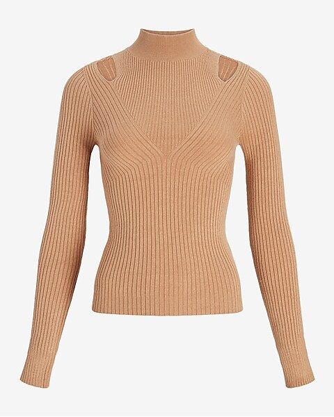 Ribbed Mock Neck Shoulder Cutout Sweater | Express