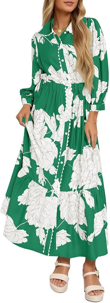 Wenrine Womens Maxi Shirt Dress Casual Floral Collared 3/4 Long Sleeve Drawstring Waist Fall Butt... | Amazon (US)