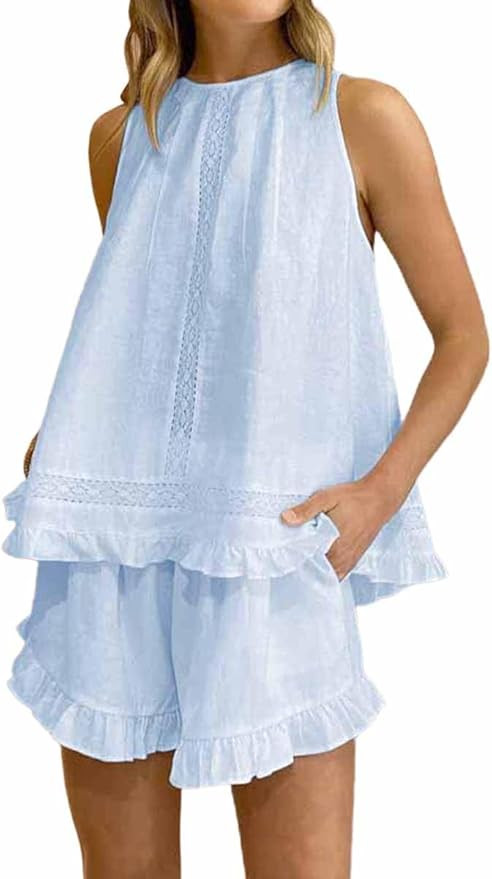 Womens Ruffle Short Set 2 Piece Outfits Fashion Summer Sleeveless Lace Trim Top and Shorts Cotton... | Amazon (US)