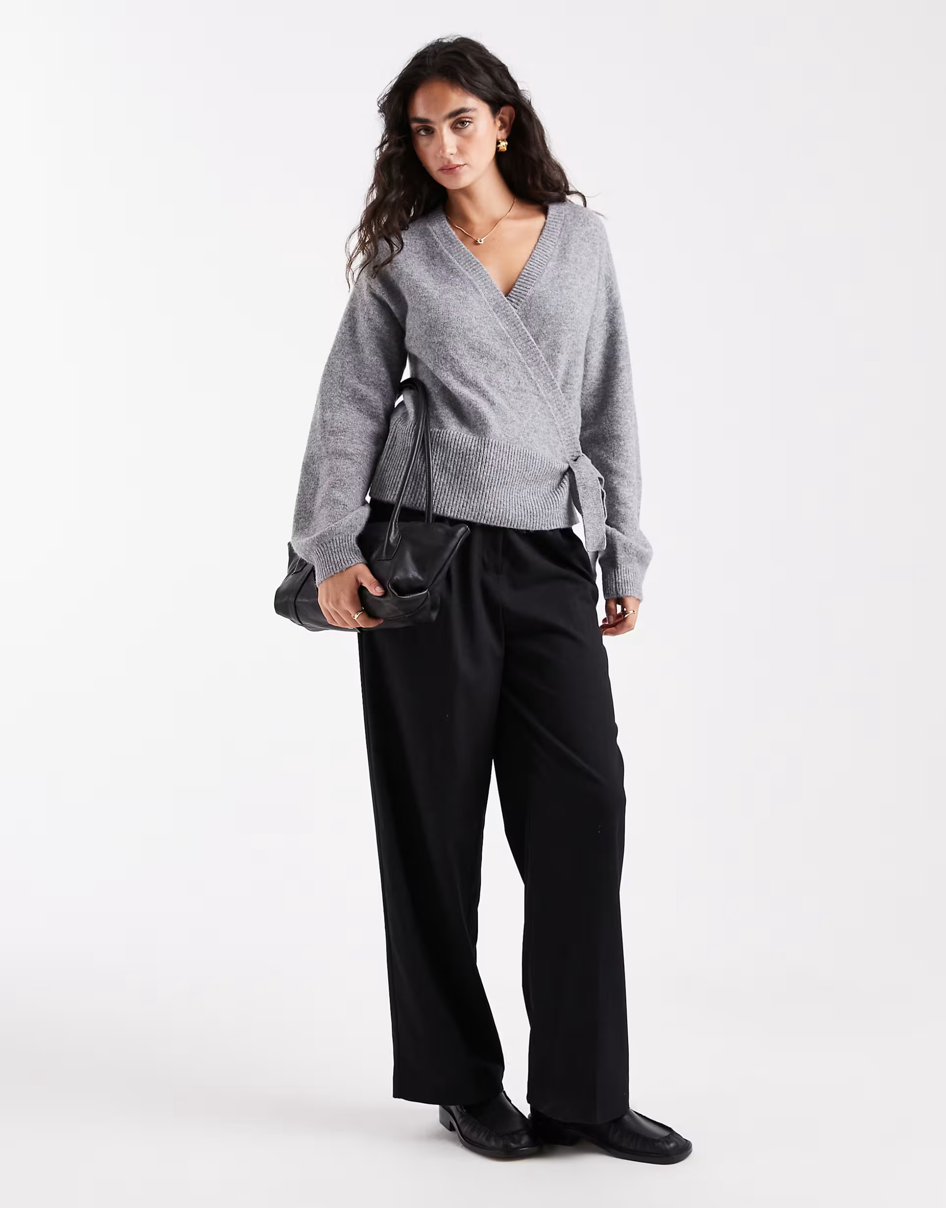 Pieces tie side knit sweater in medium gray melange | ASOS (Global)