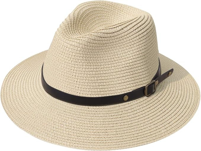 Lanzom Women Wide Brim Straw Panama Roll up Hat Fedora Beach Sun Hat UPF50+ | Amazon (US)