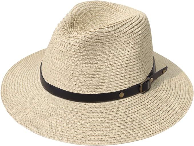 Lanzom Women Wide Brim Straw Panama Roll up Hat Fedora Beach Sun Hat UPF50+ | Amazon (US)