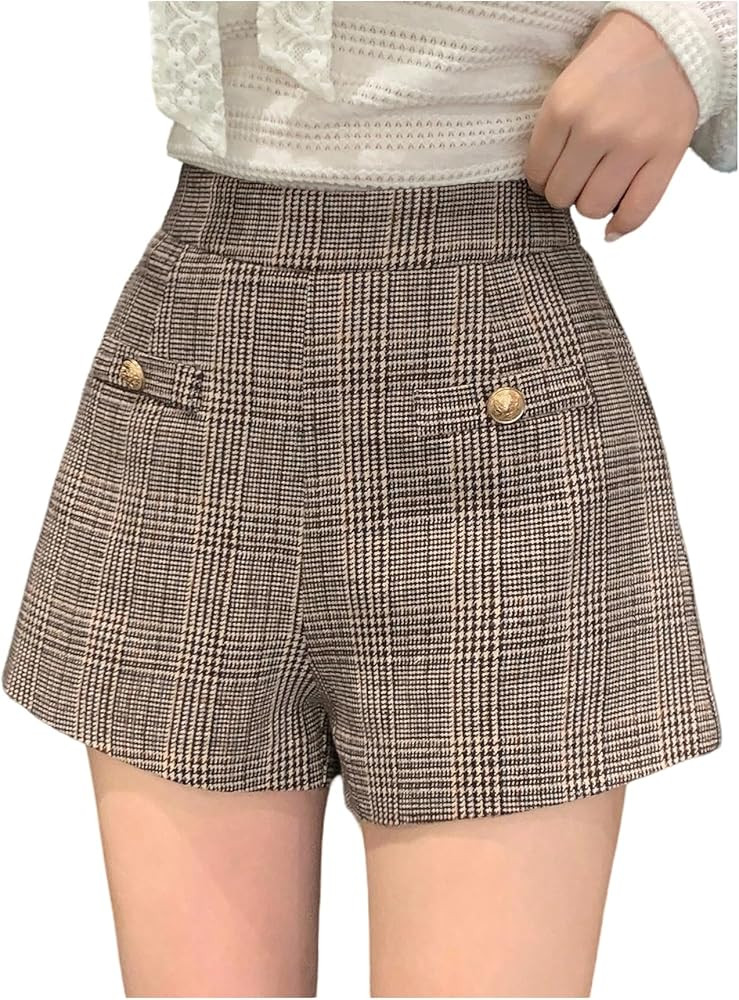 MakeMeChic Women's Plaid Wide Leg Short Zipper Back Button Front Y2K Shorts | Amazon (US)