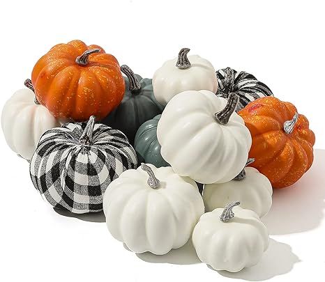 12 PCS Pumpkins Decor, White Blue Orange Fall Artificial Rustic Pumpkins Decor, Fall Decor Hallow... | Amazon (US)