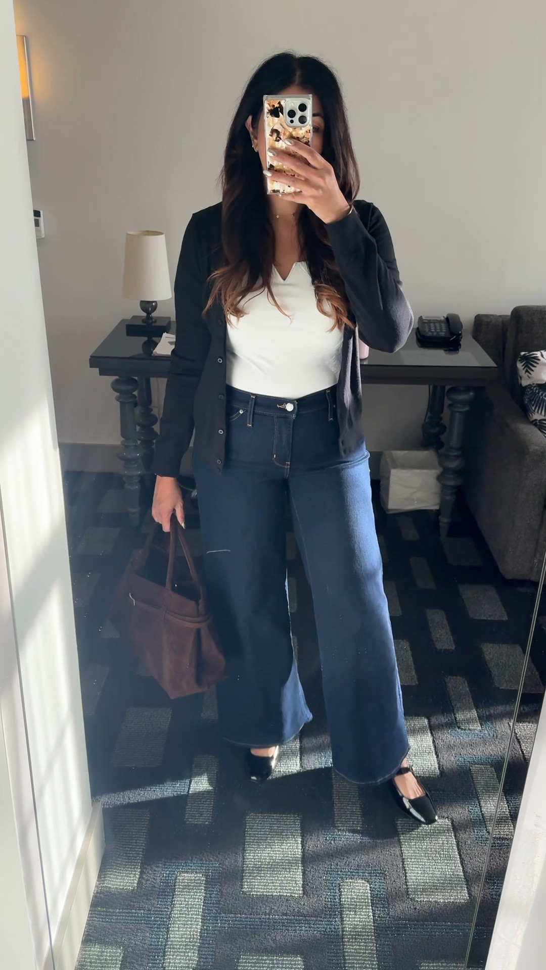 Casual Friday fit check for work. These Levi jeans have a flattening panel to flatten the tummy area, they also have a little stretch that will hug your curves. Wearing my favorite bodysuit and a cute cardigan with these patent leather Mary janes shoes. 

#casualworkoutfit #levi #denimjeans #traveloutfit #cardigan #darkdenim #amazon #suedebag

#LTKTravel #LTKMidsize #LTKWorkwear