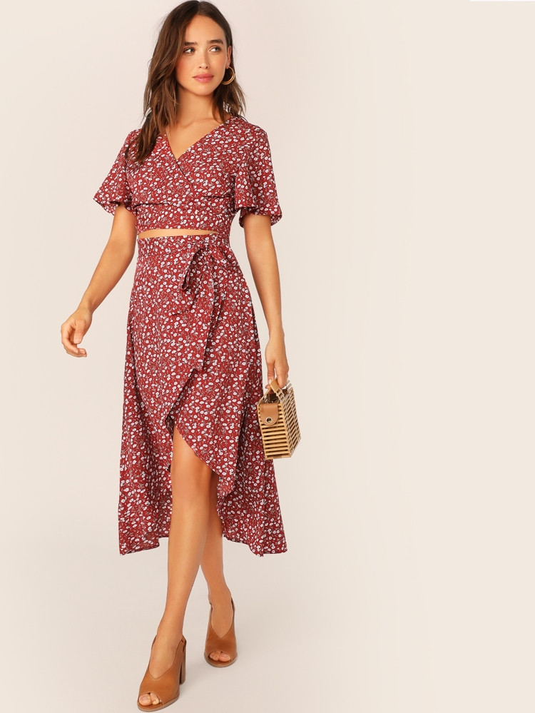 SHEIN Ditsy Floral Flutter Sleeve Crop Top & Wrap Knot Skirt Set | SHEIN