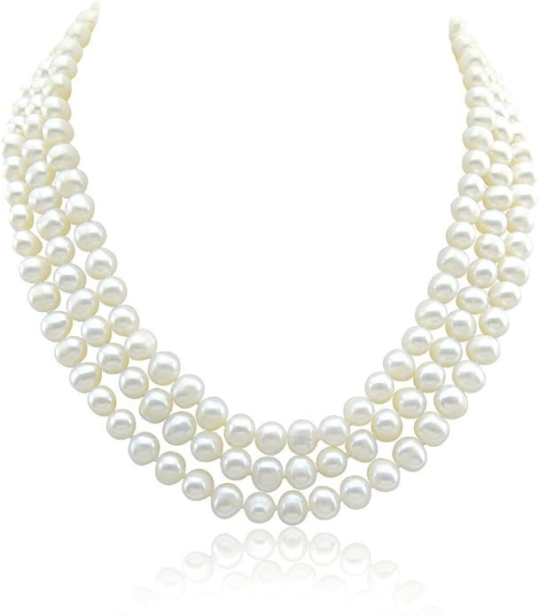 3-row White A Grade Freshwater Cultured Pearl Necklace (6.5-7.5 mm) With rhodium plated base meta... | Amazon (US)