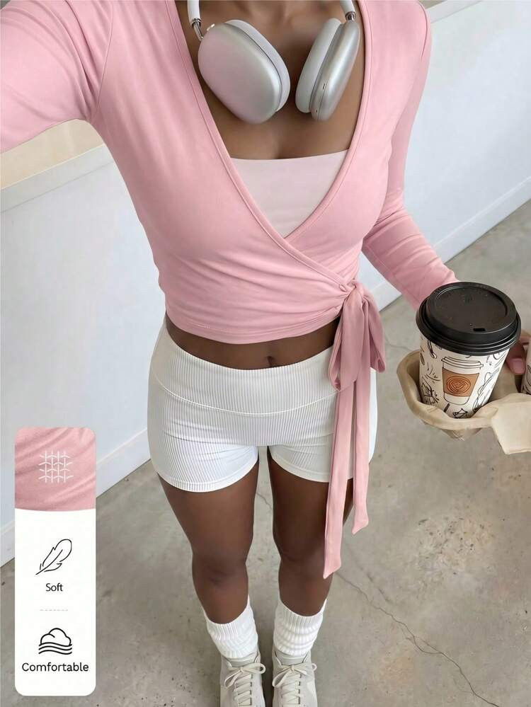 FavEase Pink Yoga/Pilate Fits  Jacket, Super Stretchy & Soft Wrap V-Neck Long Sleeve Cropped Tee,... | SHEIN
