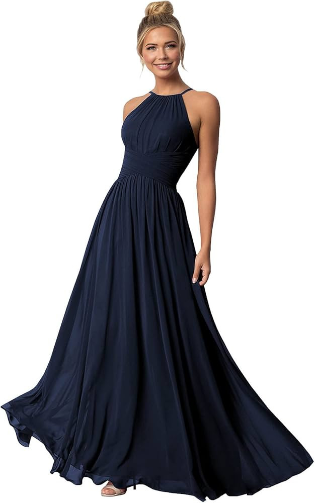 Chiffon Halter Bridesmaid Dresses for Wedding Long Spaghetti Straps A Line Formal Evening Prom Pa... | Amazon (US)