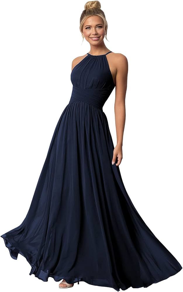 Chiffon Halter Bridesmaid Dresses for Wedding Long Spaghetti Straps A Line Formal Evening Prom Pa... | Amazon (US)