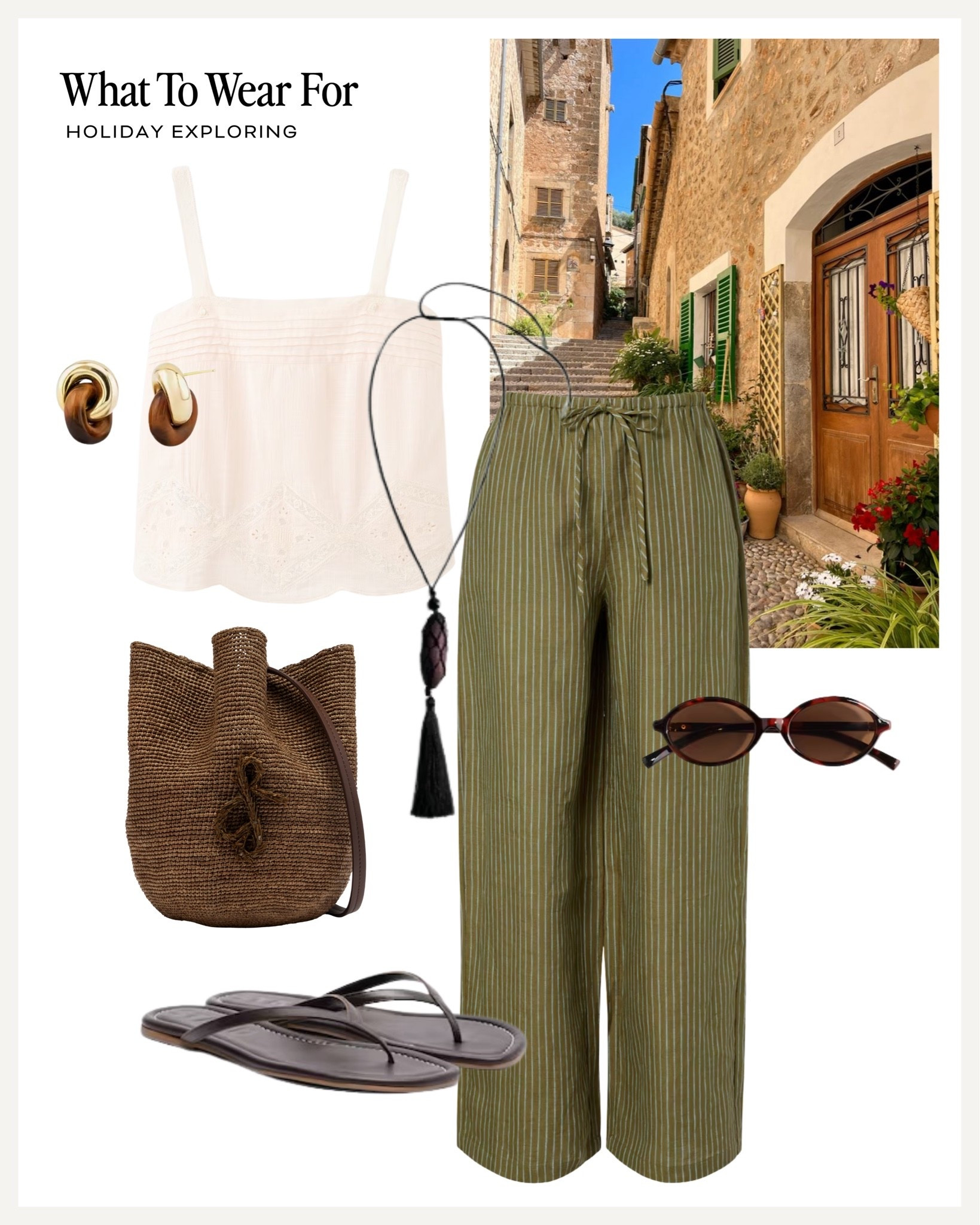 Holiday exploring ☀️ 

Green trousers, white top, effortless style, vacation, city break, sandals, woven bag

#LTKsummer
