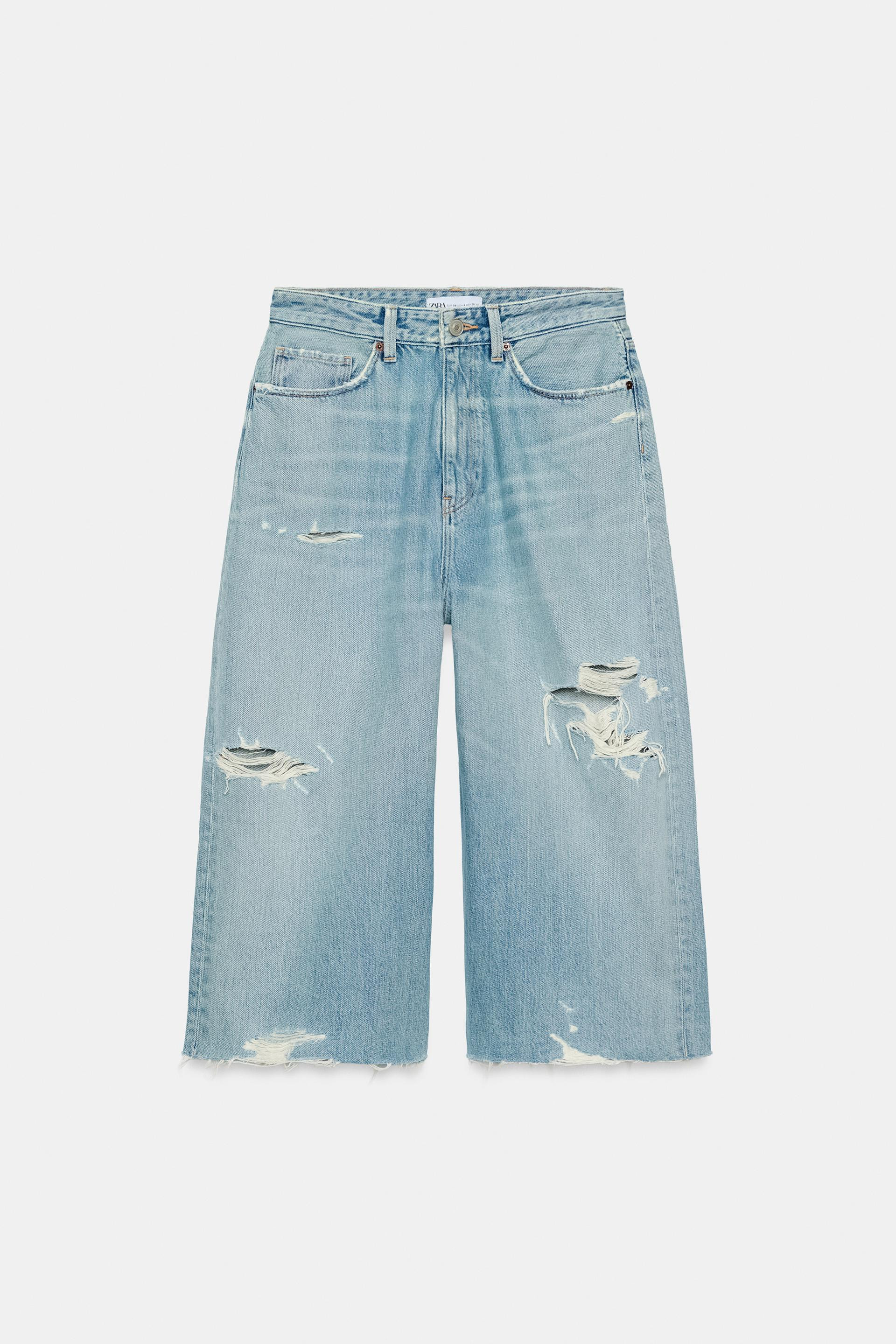 Zara - Mid-Rise Ripped Baggy Denim Jorts - Light Blue - 27 (Us 4) - Woman | Zara US