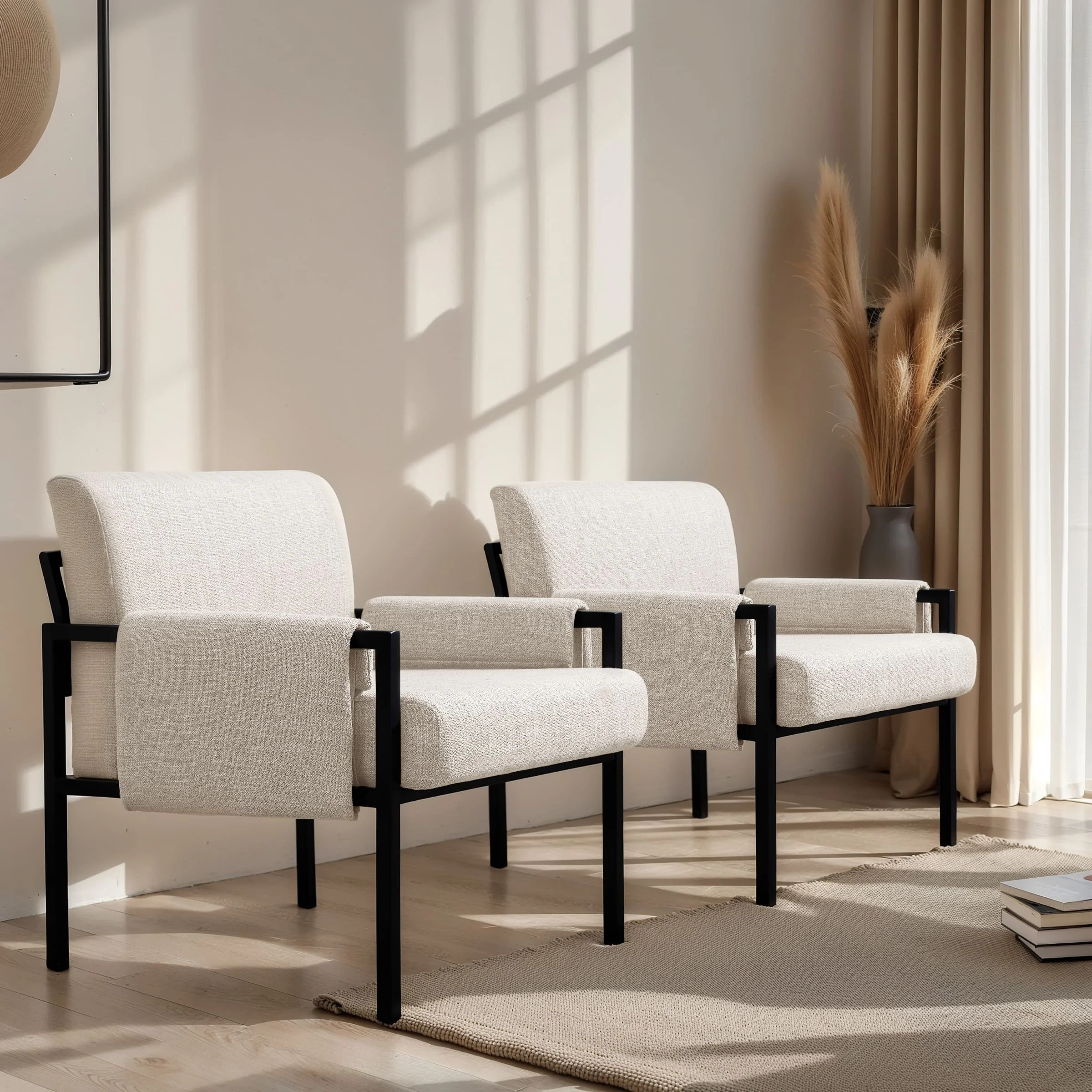 Subrtex Modern Iron Sponge Linen Fabric Solid Print Upholstered Armchair, Off-White (Set of 2) | Walmart (US)