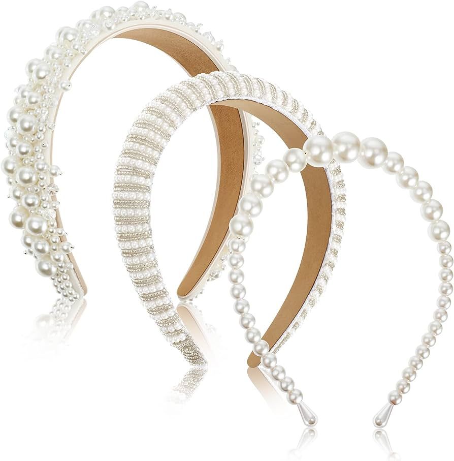 3 Pcs Pearl Headbands for Women White Bling Faux Pearl Rhinestones Hairbands Bridal Hair Hoop Wed... | Amazon (US)