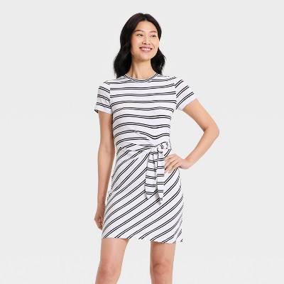 Women's Short Sleeve Tie-Front Knit Midi Dress - A New Day™ White/Black Striped XS | Target