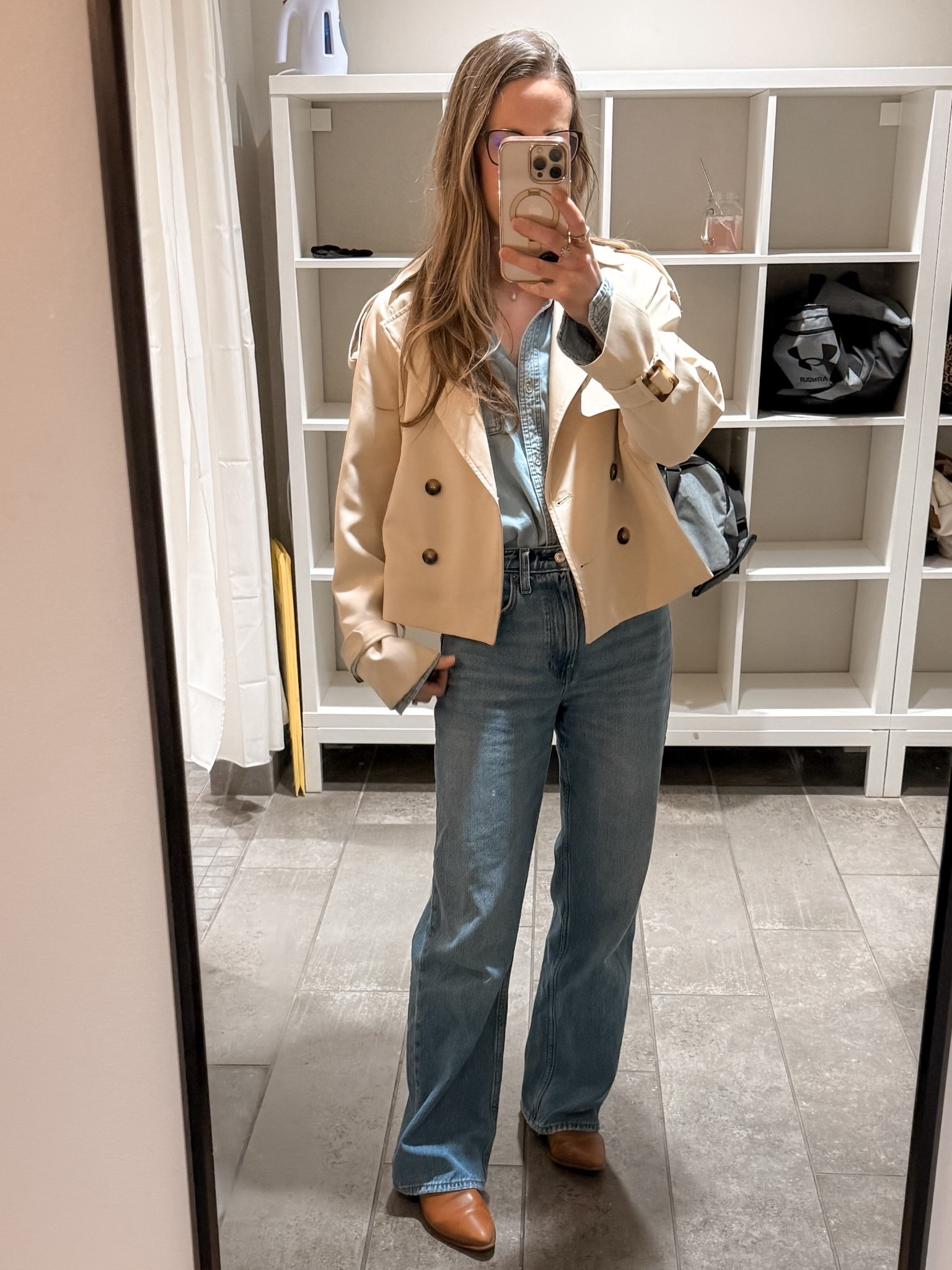 Rainy Monday Outfit ☔️

• Amazon cropped trench coat
• Target chambray button down
• Abercrombie high rise loose jeans
• Neutral leather flats

A cropped trench is one of the best spring capsule wardrobe staples — especially for rainy days. It instantly makes a simple chambray + denim outfit feel polished and intentional.

The high rise loose jeans keep it relaxed and comfortable, while the structured trench adds that classic, timeless layer.

Perfect for:
• Rainy day outfit ideas
• Spring trench coat outfit
• Chambray shirt outfit
• High rise loose jeans
• Casual chic mom outfits
• Spring capsule wardrobe
• Everyday elevated basics

This is an easy formula for unpredictable spring weather — lightweight layers that still feel put together.

#LTKSeasonal #LTKootd #LTKWorkwear