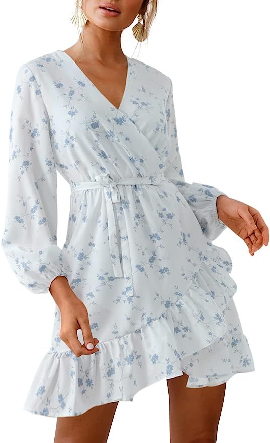 Amoretu Womens Short/Long Sleeve Dress Wrap V Neck Ruffle Hem Mini Summer Dresses | Amazon (US)