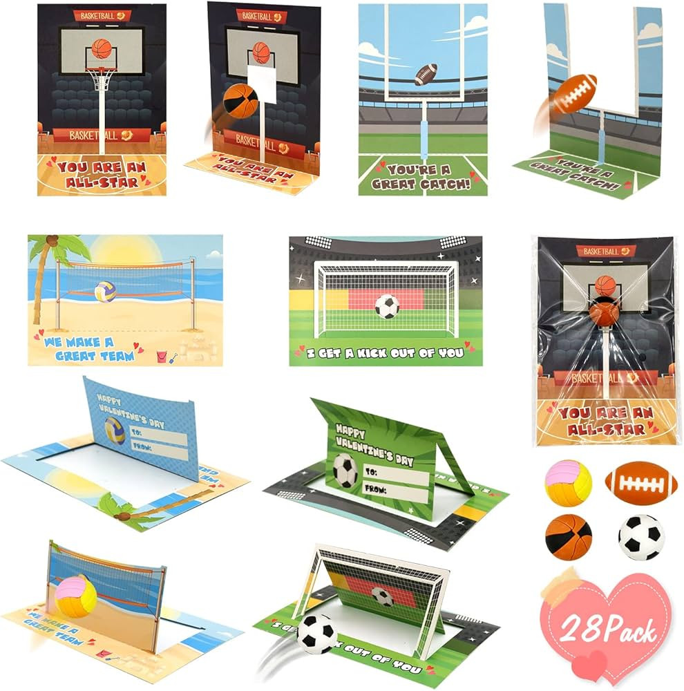 Valentine Cards for Kids Classroom- Valentines Day Gifts for Kids - 28 pcs Sports Game Card and E... | Amazon (US)