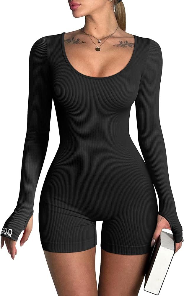 OQQ Women Yoga Rompers Ribbed Workout Long Sleeve Round Neck Exercise Jumpsuits Rompers | Amazon (US)