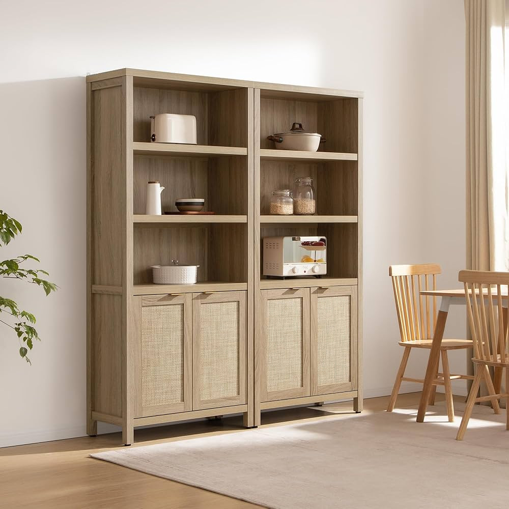 SICOTAS Bookcase 71" Tall Bookshelf 5 Tier Rattan Boho Bookcase with Doors Storage Large Book Cas... | Amazon (US)
