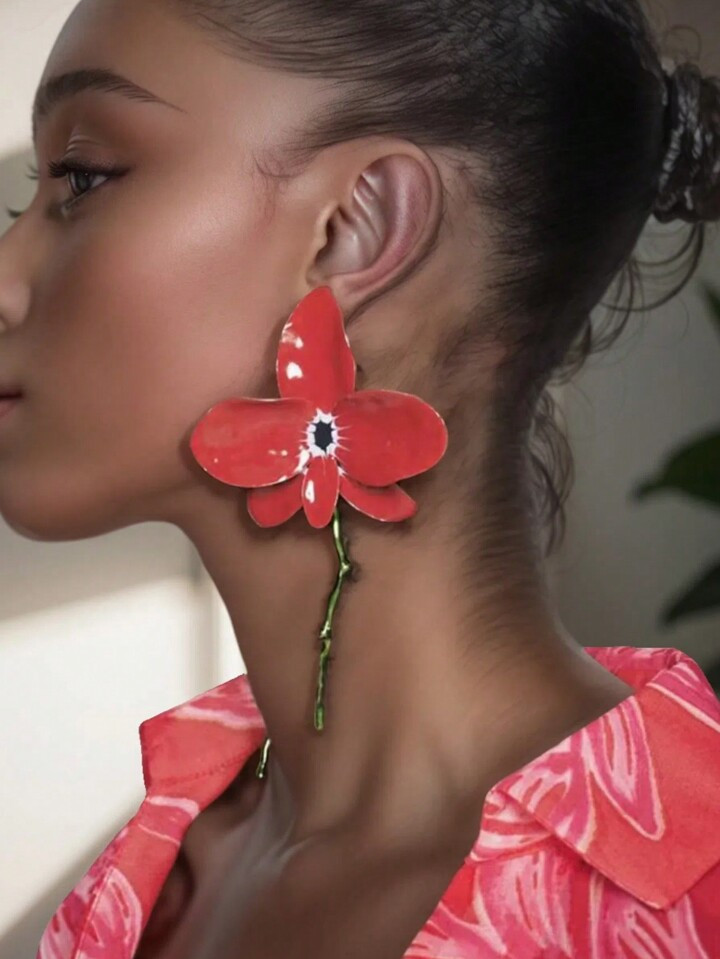 1pc ZAA Fashion Exaggerated Metal Enamel Flower Drop Earrings, Women Stylish Accessory | SHEIN