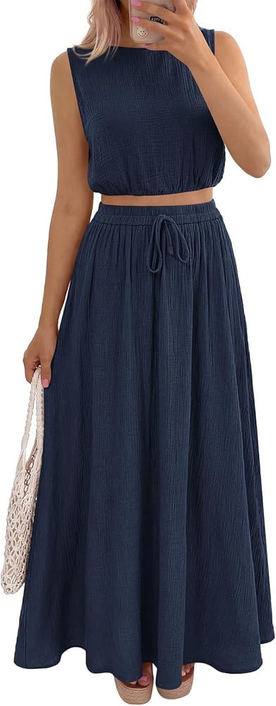PRETTYGARDEN 2 Piece Sets for Women Summer Outfits 2026 Fashion Cotton Sleeveless Crop Top Long M... | Amazon (US)