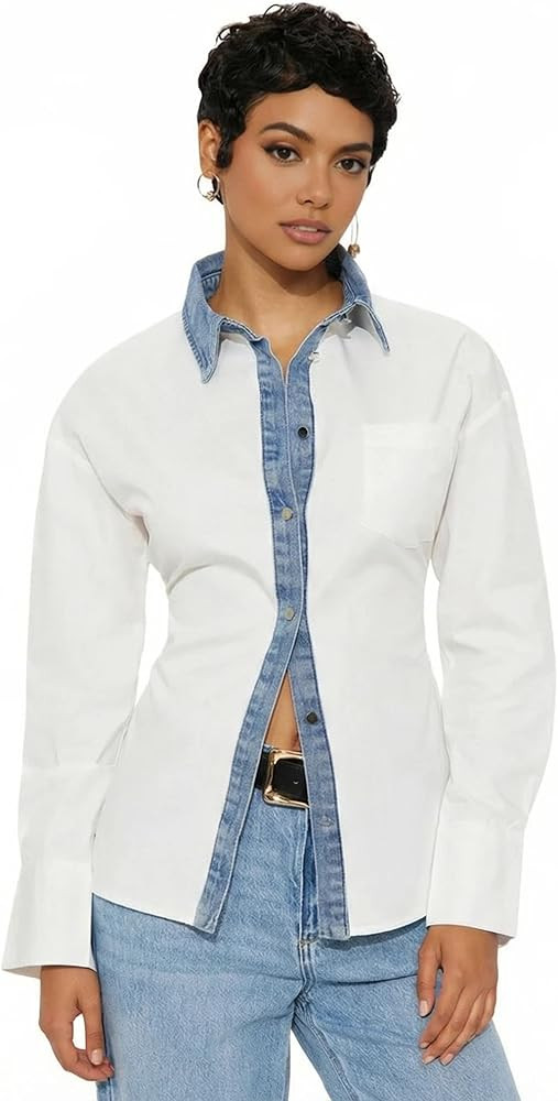 Women's Button-Down Denim Collar Placket Cotton Patchwork Shirt with Tie-Back Long Sleeve Busines... | Amazon (US)