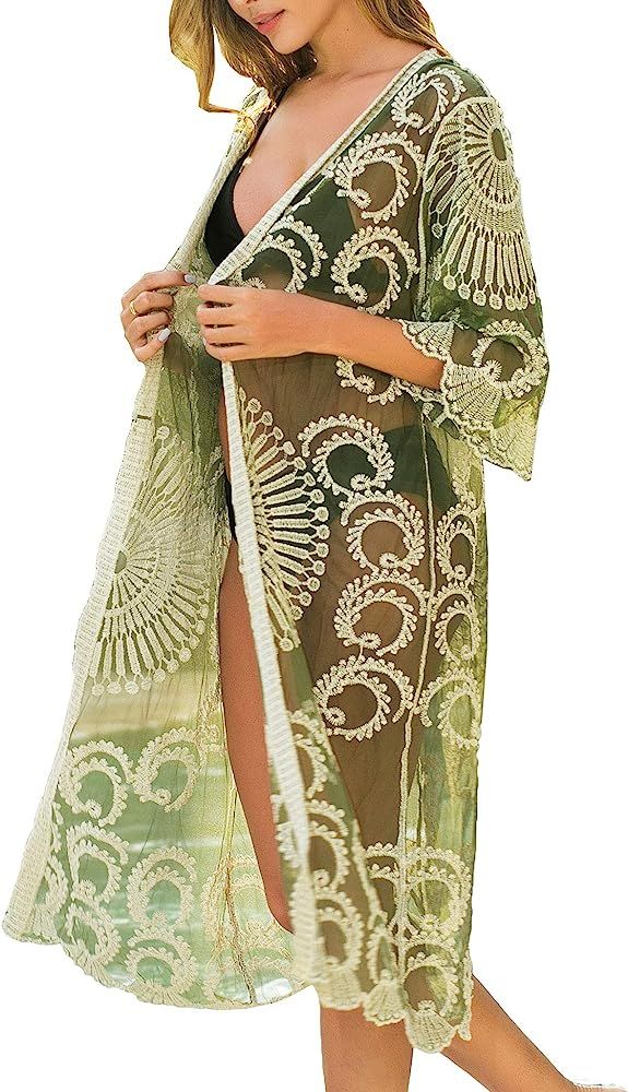 Women's Sexy V Neck Half Sleeve Long Floral Embroidered Lace Kimono Cardigan Swimsuit Cover Ups | Amazon (US)