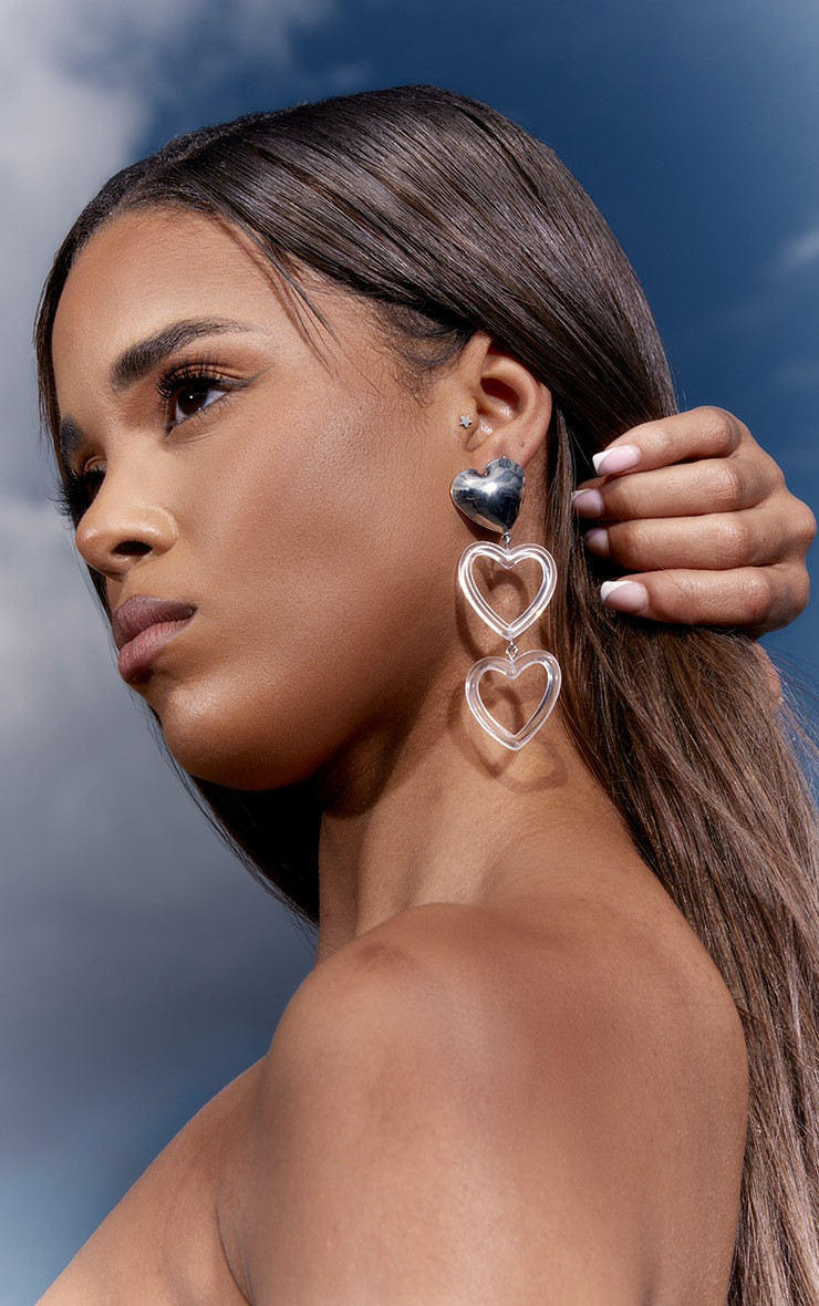 Silver Clear Heart Link Statement Earrings | PrettyLittleThing US