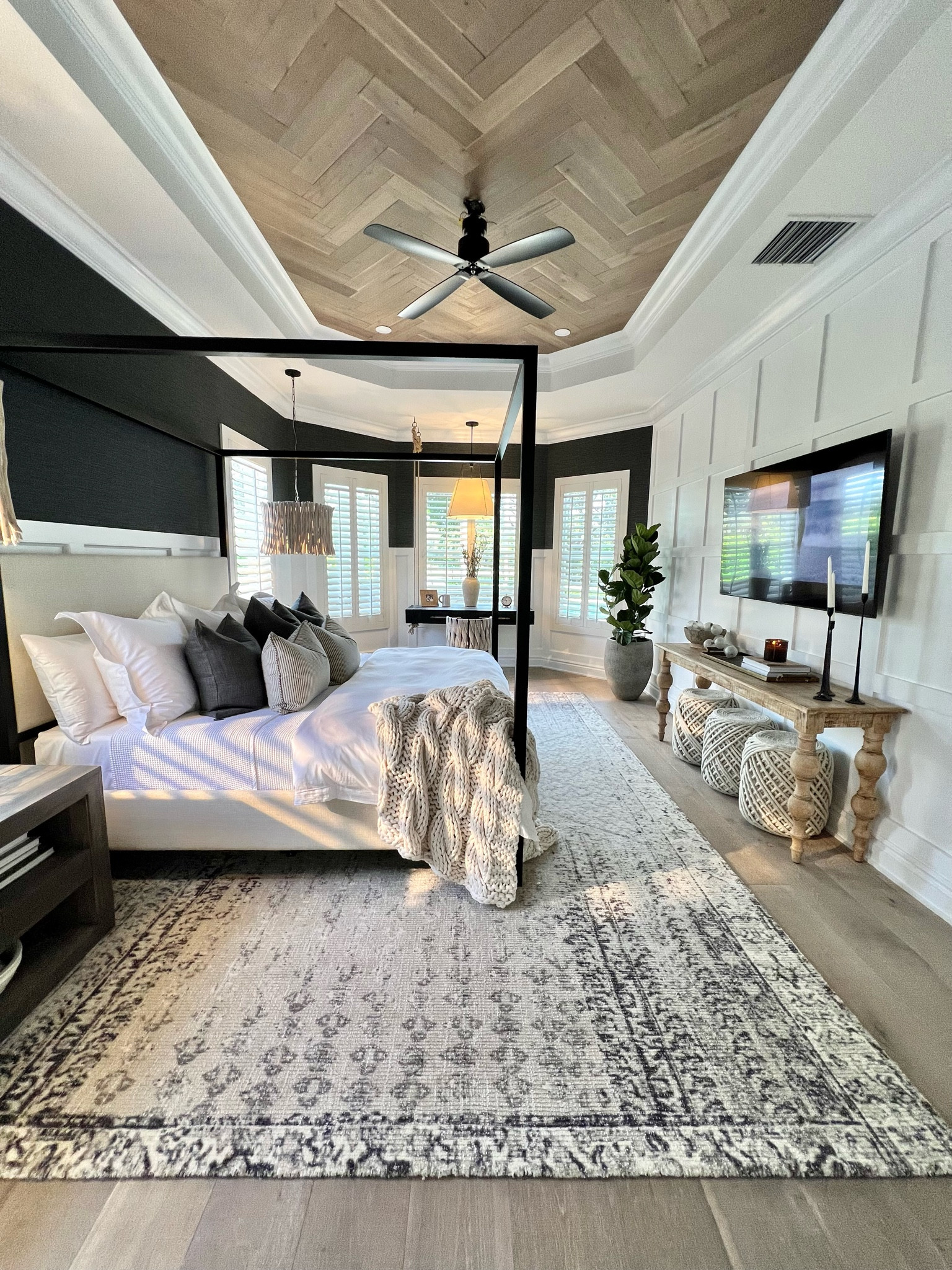 Cozy bedroom vibes are about stacking textures but also not going to wild with over decorating. The back wall moulding is busy so I kept it simple and open with a console table and poufs. The ceiling is busy so I kept the bedding white and clean. It’s all about balance folks! 

#LTKFind #LTKfamily #LTKhome