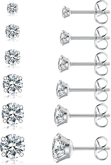 6 Pairs Stud Earrings Set, Hypoallergenic Cubic Zirconia 316L Earrings Stainless Steel CZ Earring... | Amazon (US)
