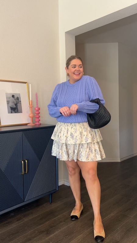 Spring skirt outfit. Sweater is sold out so I added similar. Skirt is 25% off! Wearing xl. Chanel flats and linked similar. Wide width flats. Spring mid size outfit 

#LTKmidsize #LTKfindsunder50 #LTKSeasonal