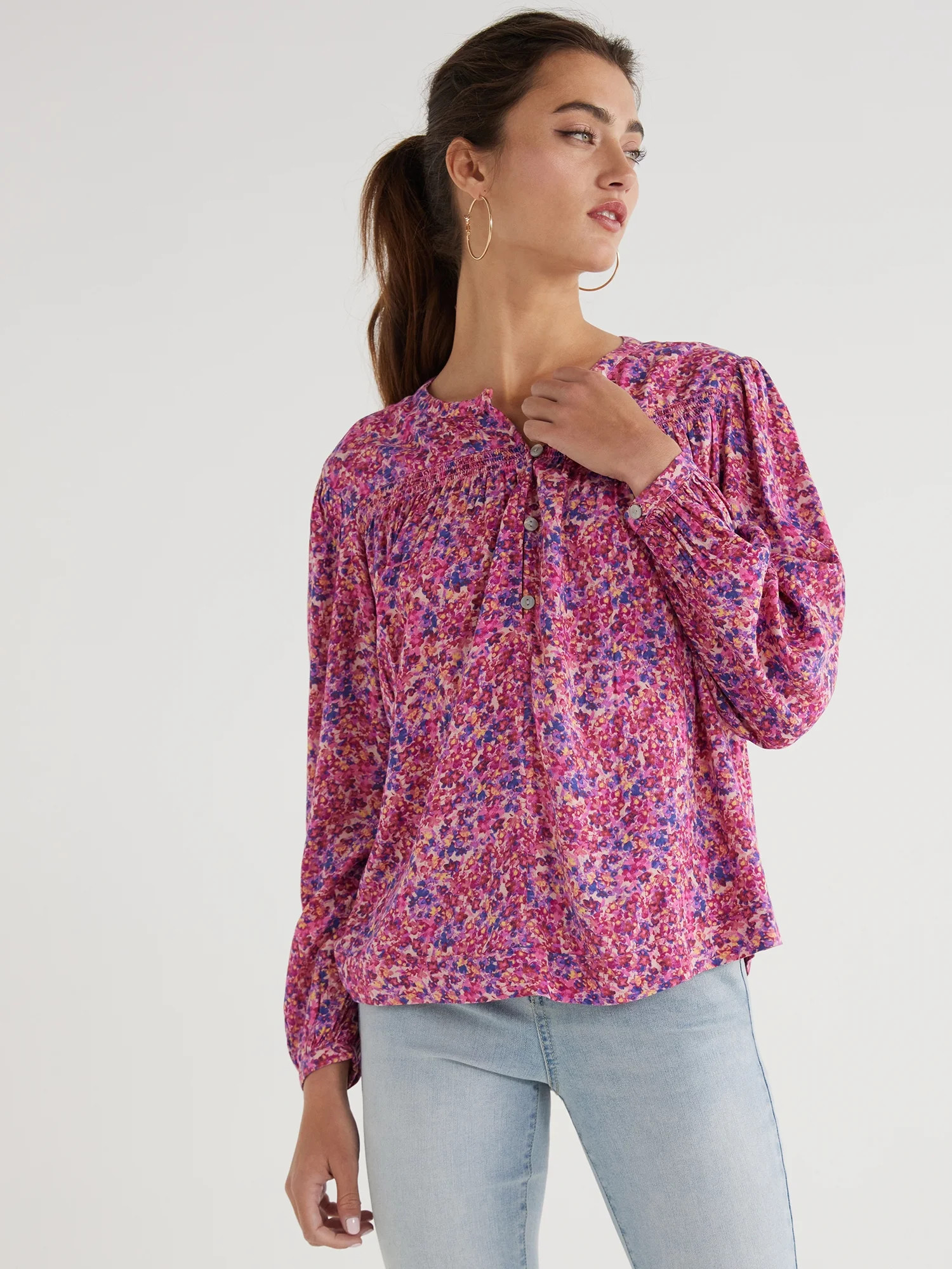 Time and Tru Women’s Smocked Top with Long Sleeves, Sizes XS-XXXL | Walmart (US)