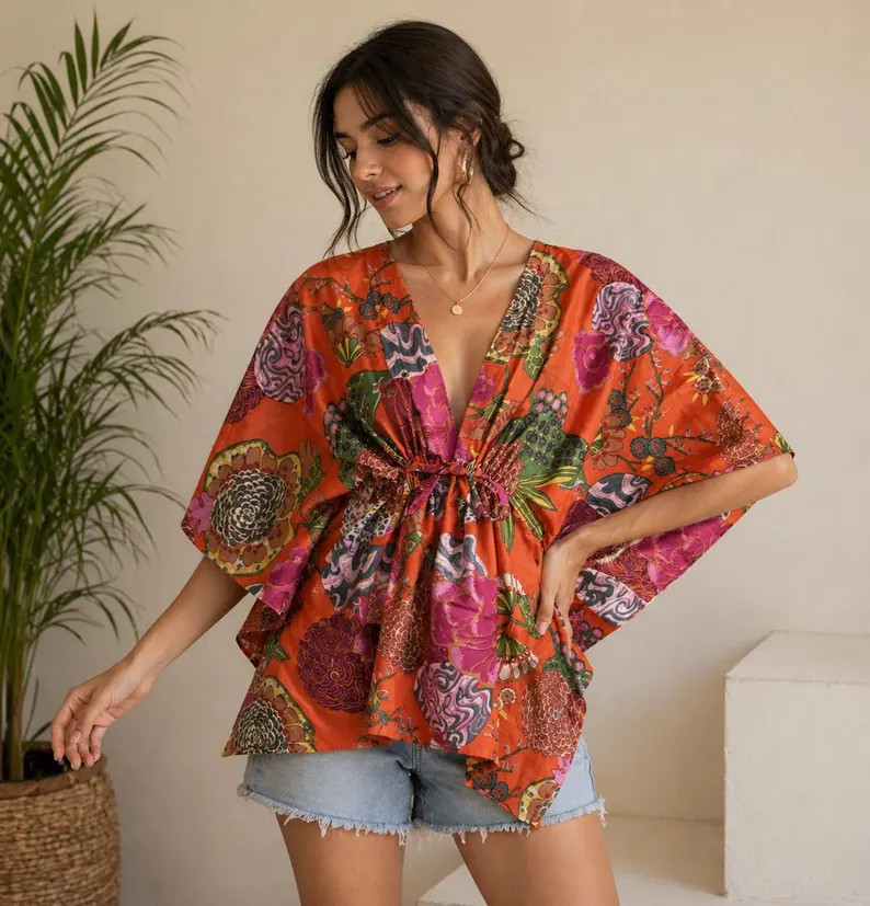 Handmade Floral Kaftan Top: Boho Beach Cover Up, Resort Wear Blouse | Etsy (Global)