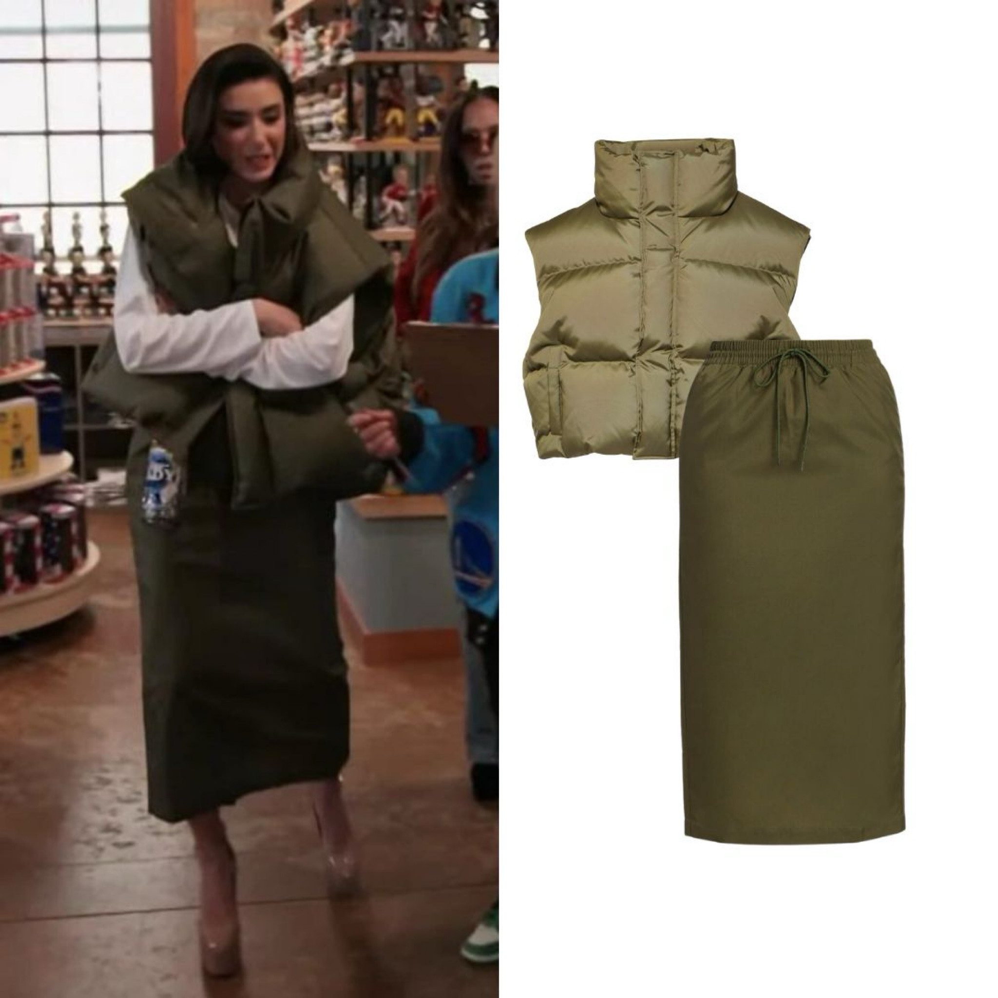 Bronwyn Newport’s Green Puffer Vest & Midi Skirt 