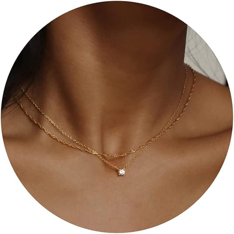 Tewiky Diamond Necklaces for Women, Dainty Gold Necklace 14k Gold Plated Long Lariat Necklace Simple | Amazon (US)