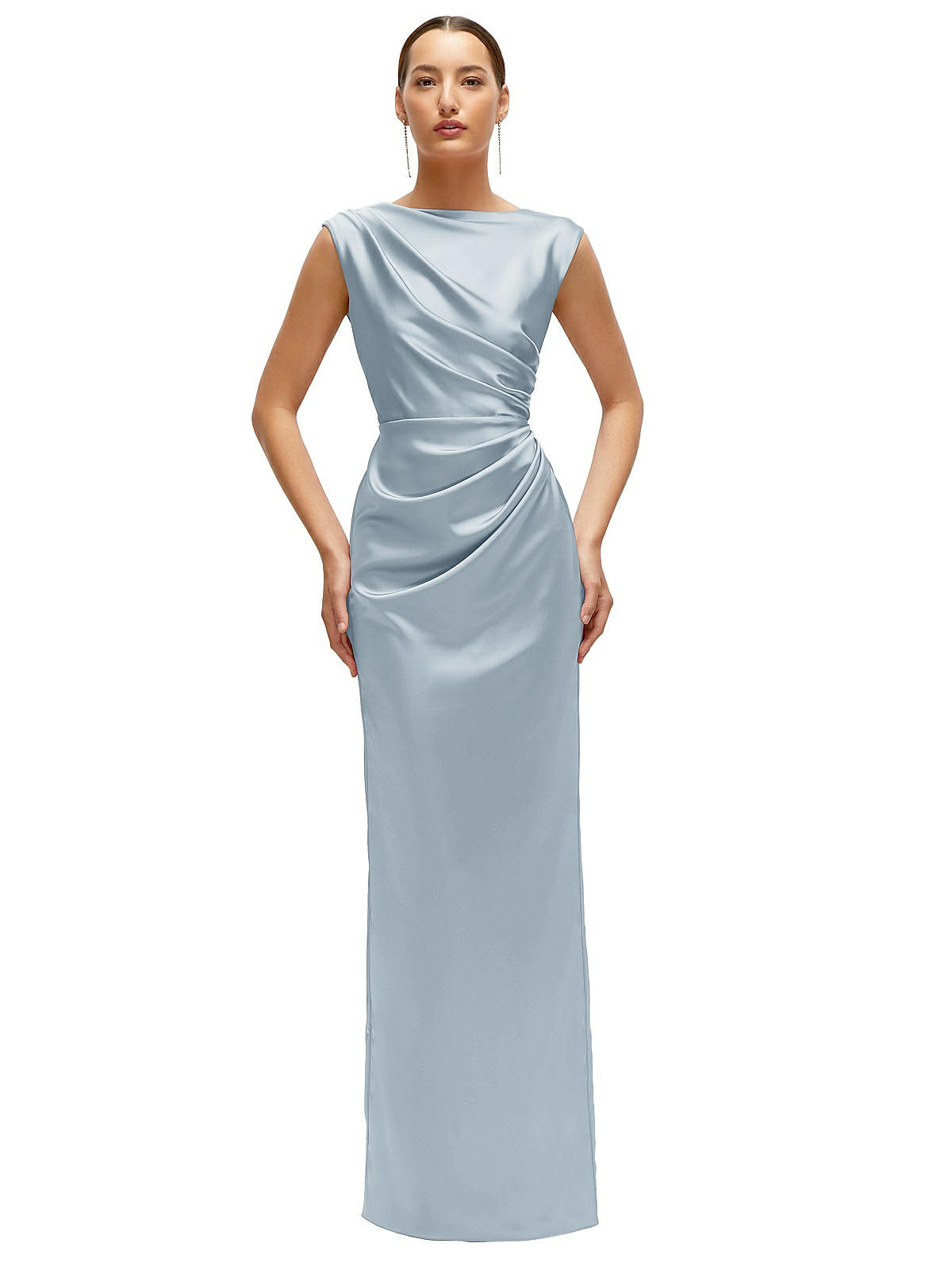High Neck Sleeveless Cap Shoulder Satin Maxi Dress in Mist | The Dessy Group
