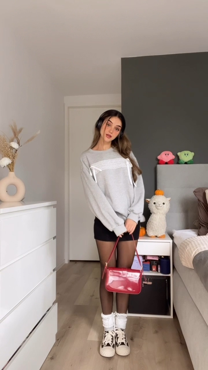 Comfy & stylish autumn outfit 🧸🍂 

Women's Shoulder Bag, Ideal For Commuting, Office And Teachers cherry red, white lave leg warmers knee sock, black mini skirt, tights, Women's Casual With Lace Patchwork And Ribbon Decoration grey sweatshirt, Breathable And Fashionable Black Canvas Sneakers For Women, With Round Toe, Flat Laces And Sporty Sole, 

#FashionMonth #LTKstyletip #LTKautumn