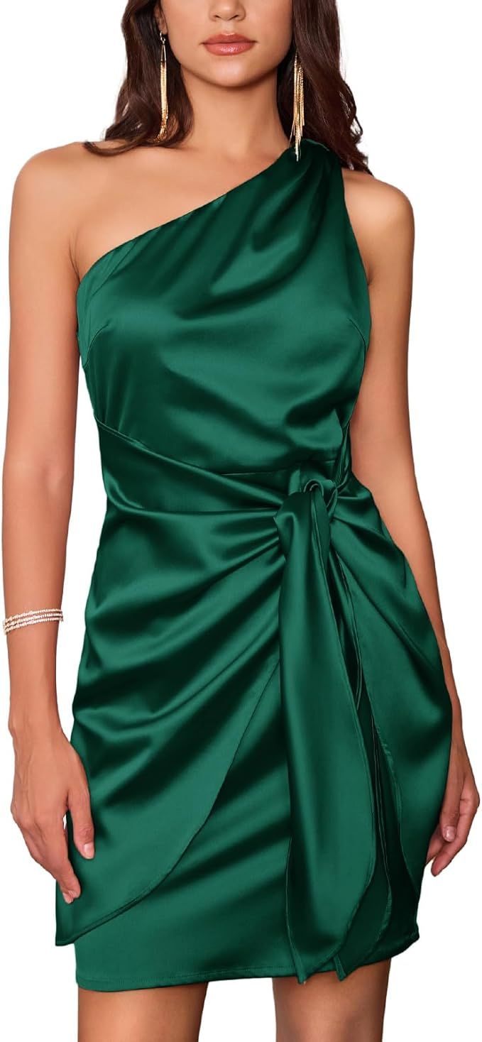 GRACE KARIN Women Satin Dress Cocktail One Shoulder Sleeveless Bodycon Tie Waist Party Mini Dress... | Amazon (US)